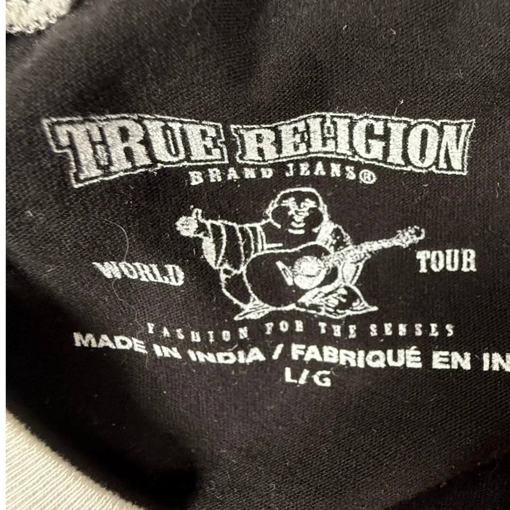 True Religion Mens Large Black White Red Raglan Long Sleeve Logo Graphic T-Shirt